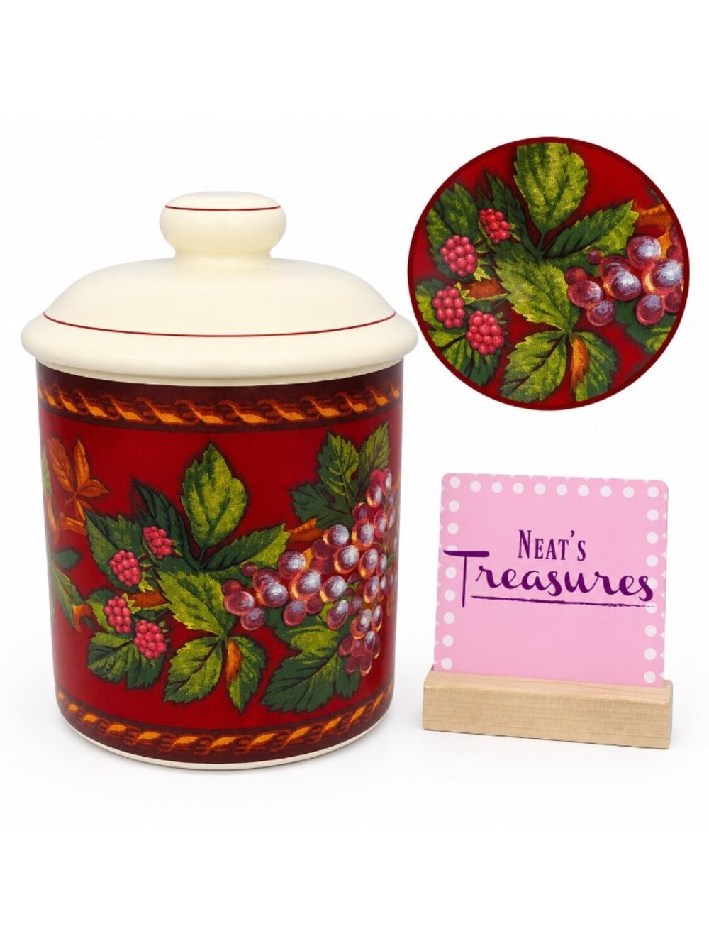 Raymond Waites CORNUCOPIA FRUIT GARLAND Red Stoneware Medium Lidded Canister Jar
